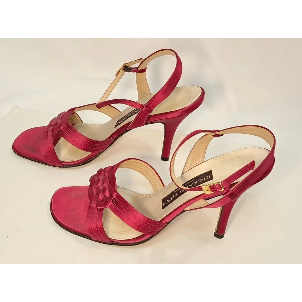 Rickard Shah Size 40 EU/9 US Open-Toe Satin Heels Sandals Red 4